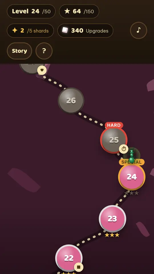 Level map shown as a winding path, at level 24 of 50, with a hard level and a special level marked