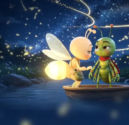Kim the green ant in a red scarf and a glowing firefly on a small wooden boat at night