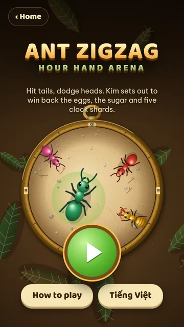 Title screen: Kim the green ant in the middle of a pocket watch, with rival ants around it