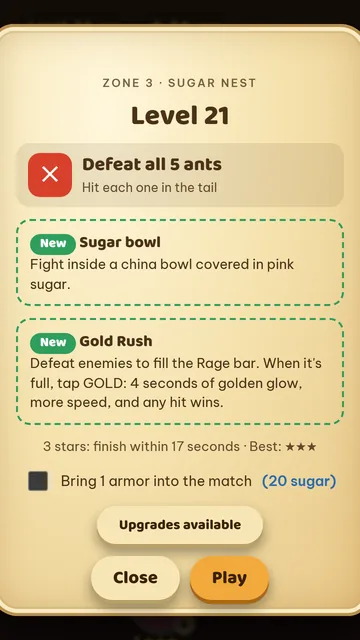 Card before level 21 explaining the goal, the sugar bowl arena and Gold Rush