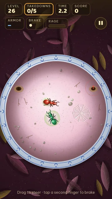 Playing level 26 inside a china bowl: Kim facing a red ant