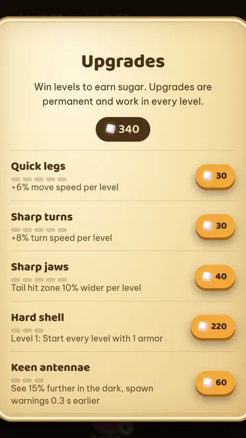 Upgrades screen listing skills and their sugar costs